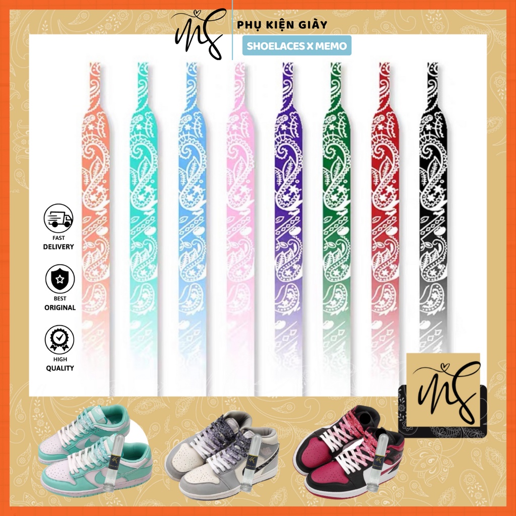 Dây Giày Hoạ Tiết Paisley Ombre cao cấp phối màu trắng đen phù hợp giày thể thao Memolaces-Kèm lọ đựng